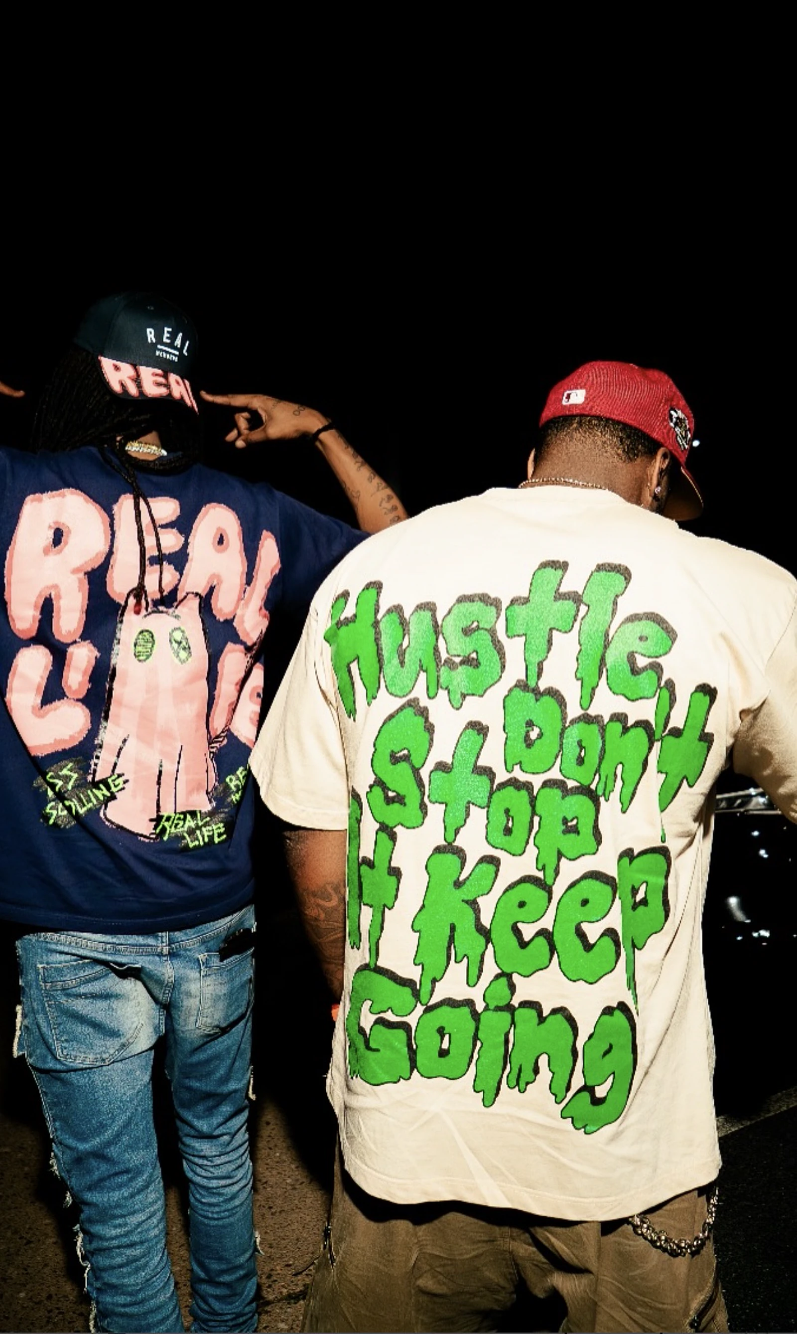 Artists wearing The Hustle Don't Stop apparel