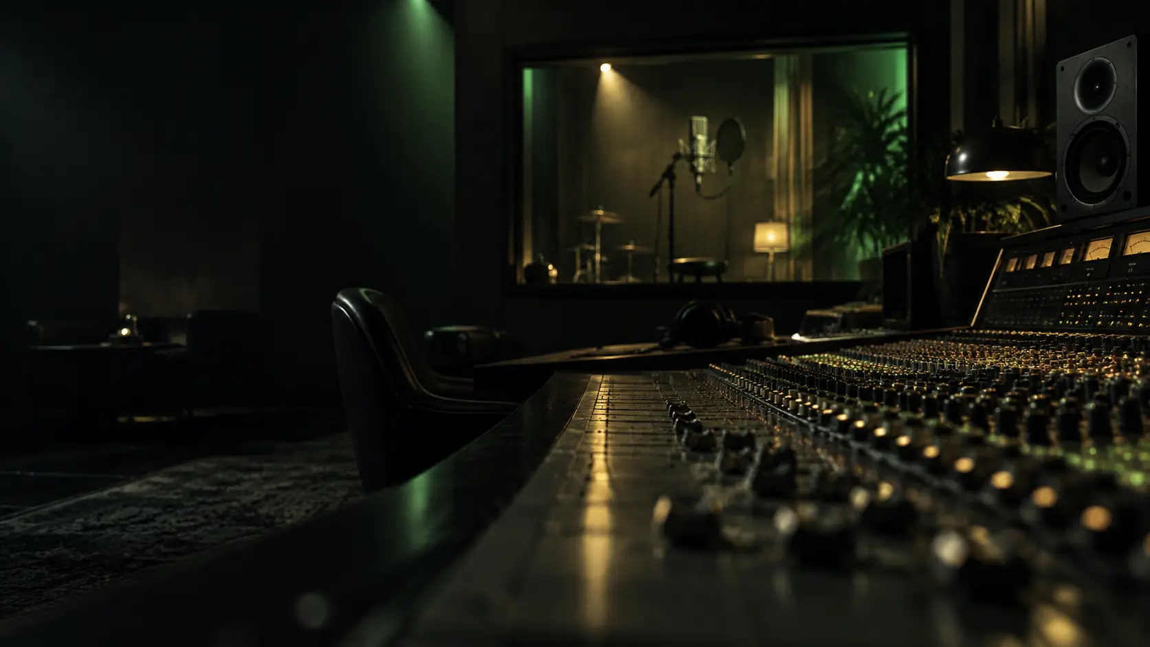 Atmospheric recording console and vocal booth in deep green light